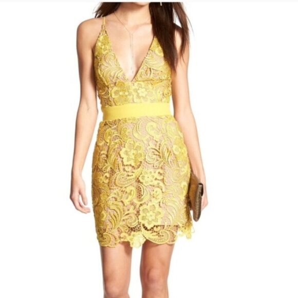 Dress the Population Ava Yellow Lace Mini Dress Large V-Neck Sleeveless Lined - Picture 15 of 15